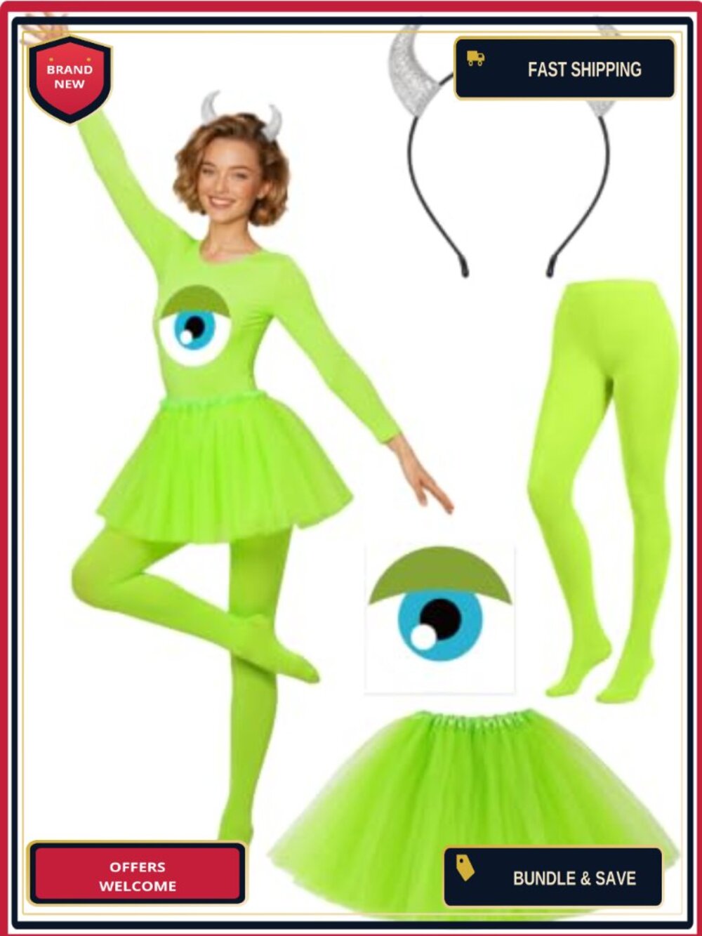 Green Monster Costume Set Tutu Devil Horns Headband Eyeball Sticker Pantyhose
